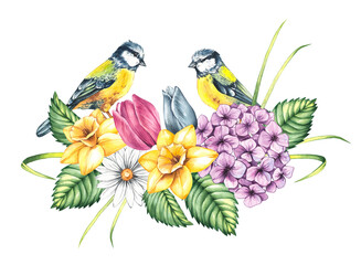 Watercolor spring birds with hydrangea, daffodil and tulip