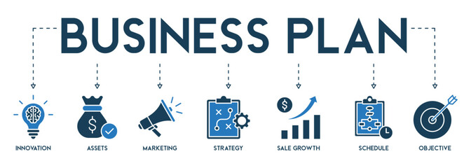 Banner of business plan vector illustration concept with the icon of innovation, assets, marketing, strategy, sale, growth, schedule and object - obrazy, fototapety, plakaty