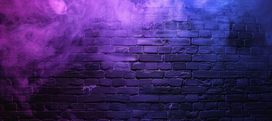 A brick wall exuding vibrant purple and blue smoke, creating an unusual and striking visual effect...
