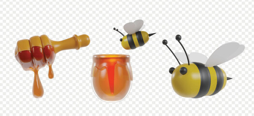 Honey and Bee 3d icons render clipart for UI UX, landing page, illustration, or buttons.