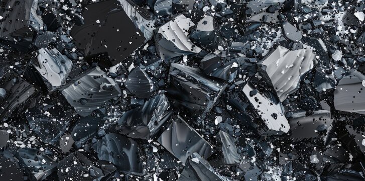 A heap of shattered black and white glass pieces lays scattered on the ground, reflecting light in a chaotic pattern.