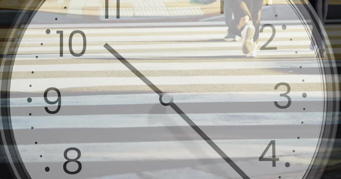 Animation of clock ticking over busy zebra crossing