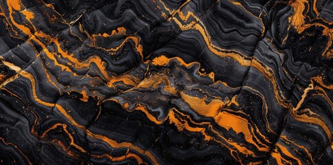 Fototapeta premium A detailed view showcasing the intricate patterns and colors of a black and orange marble.