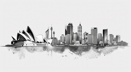 Monochrome illustration of Sydney cityscape with iconic Opera House and skyline reflection, ai generated