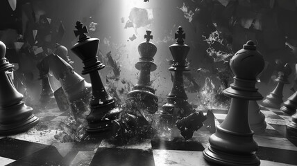 White king and black team chess background with breaking figures. Battle, horse on backdrop  in 3D illustration - obrazy, fototapety, plakaty