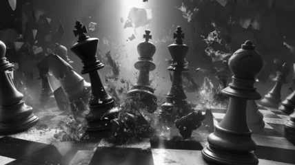 Foto op Plexiglas White king and black team chess background with breaking figures. Battle, horse on backdrop  in 3D illustration © Pailin