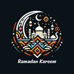 Ramadan Kareem with popular iconic symbol using in design, cresent, lantern, mosque. Simple, colorful and minimal design. 