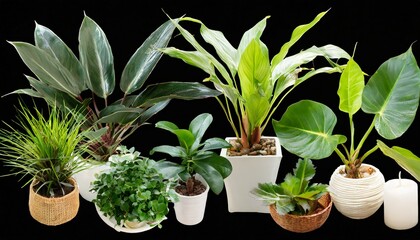 Set of houseplants (Spider Plant, Peace Lily, Fiddle Leaf Fig, Aloe Vera, Rubber Plant), top view, decorative or design invitation card, isolated on a transparent background. PNG cutout or clipping.