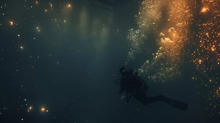 A lone diver floats through a haze of tiny glowing organisms drifting deeper into the vast expanse of the ocean where the mysteries of marine snow await.