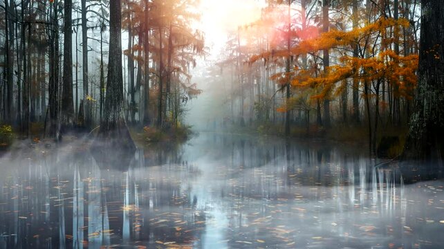 Dramatic scene in the lake and foggy, 4k animated virtual repeating seamless	