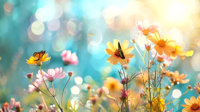 Scene of various kinds of flowers in the garden with a blurry background, animated virtual repeating seamless 4k