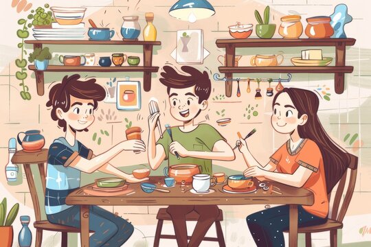 Cartoon cute doodles of friends painting pottery together at a cozy studio, Generative AI