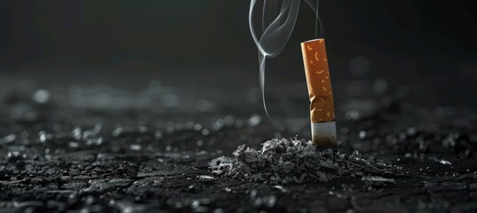 A cigarette sticks out from a swirling pile of smoke, creating a stark contrast between the dark, curling fumes and the slender cigarette. - obrazy, fototapety, plakaty