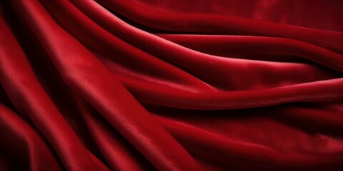 Abstract red velvet wave and swirls gradient satin fabric lies texture background.