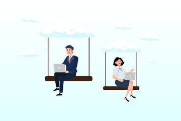 People businessman and woman office employees working with computer laptop on swing suspend on cloud computing, remote work on company cloud infrastructure, technology to connect people (Vector)
