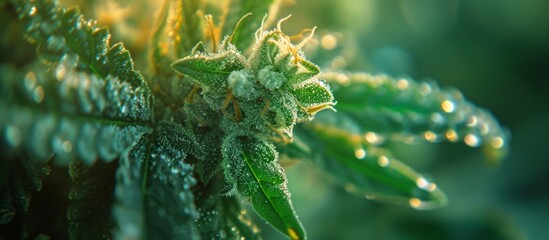 Detailed close up of a healthy marijuana plant with vibrant green leaves in natural light