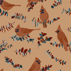 vector seamless pattern with drawing birds and tree branches with leaves, hand drawn northern cardinals at brown background, natural cover design