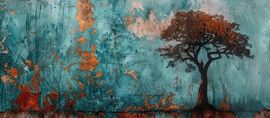 A realistic painting of a tree adorns a textured wall, serving as a striking background for a photo. The tree is detailed with branches, leaves, and bark, creating a lifelike representation.
