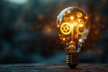 light bulb with gears and cogs working together, teamwork concept, retro style
