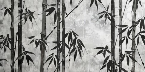 A detailed black and white painting depicting tall bamboo trees with intricate leaves and strong, vertical stems, set against a simple background. - obrazy, fototapety, plakaty