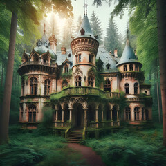 Abandoned fairytale castle in middle of woods with sun light shining 