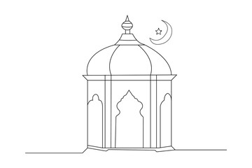 Mosque with moon continuous outline vector. Islamic line art concept. 