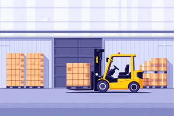 Forklift loading goods in warehouse. Logistics and transportation