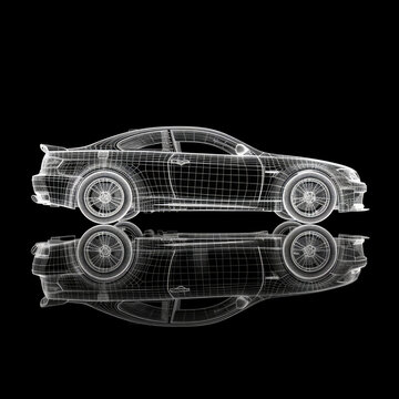 Digitally generated image of a generic car without specific details shown in wire frame mode