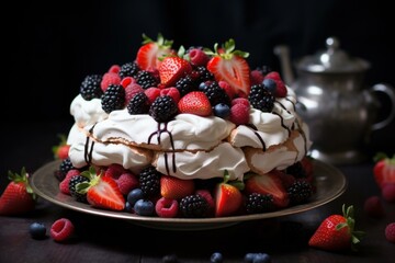 Tangy Pavlova cake berries. White fruit bakery. Generate Ai