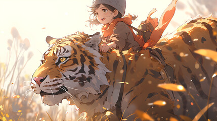 cute action of girl riding a tiger, happy moment