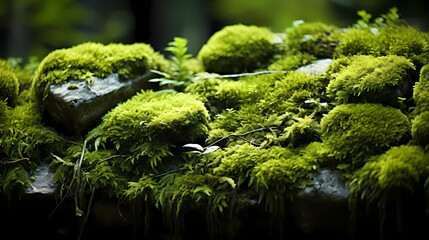Beautiful bright green moss growing on rough stones