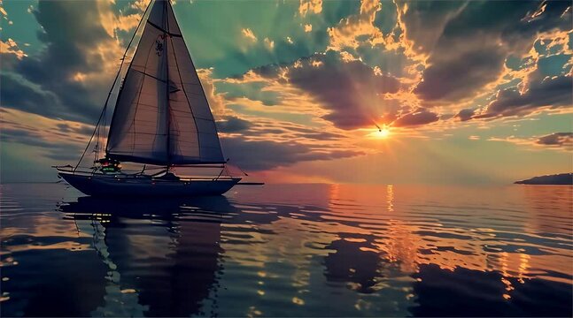 A serene sailboat voyage on a tranquil ocean as the sun sets, casting a warm golden glow over the water and clouds.
