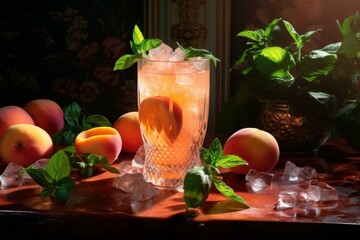 Sweet Peach iced tea. Summer food. Generate Ai