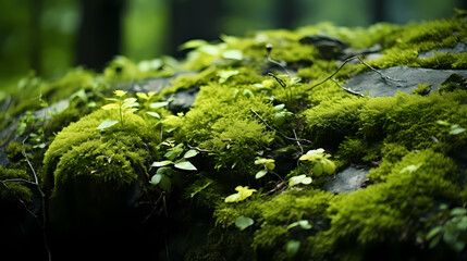 Beautiful bright green moss growing on rough stones