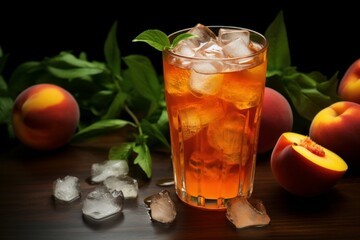 Refreshing Peach iced tea glass. Summer food beverage. Generate Ai