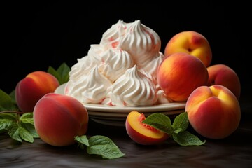 Sweet Peach meringue fruits. Cream summer dessert sugar sweet. Generate Ai
