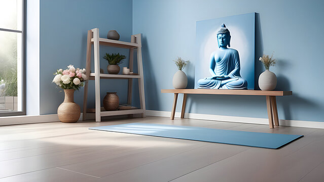 Interior of a yoga room in blue tones.