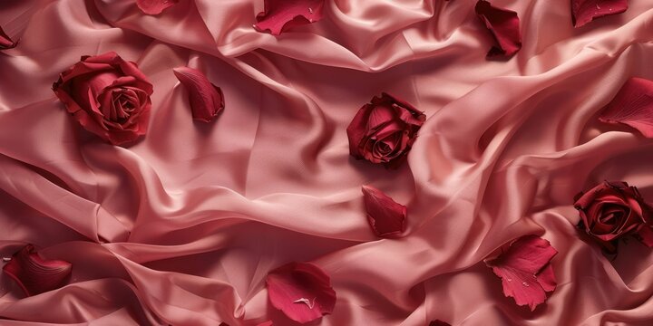 Abstract pink or red satin wave and swirls gradient satin fabric lies texture background.