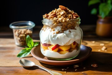 Nutritious Peach yogurt food. Fruit drink organic. Generate Ai