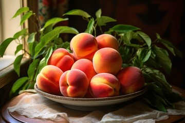 Juicy Peaches bunch fruit ripe. Harvest summer. Generate Ai
