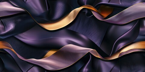 Abstract a black and purple satin and gold gradient satin fabric lies texture background.