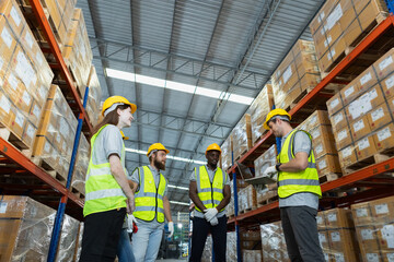 Full team engineering warehouse worker meeting brainstorm. Teamwork professional workshop in warehouse store. Logistics factory industry supervisor manufacture. business logistics and transport.