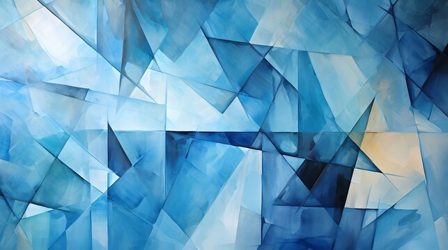 This mesmerizing abstract digital art depicts a blue geometric pattern with triangles and squares. The pattern is complex and intricate