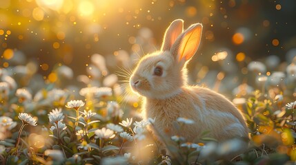 Fototapeta na wymiar small rabbits is sitting in grass and flowers, in the style of sunrays shine upon it, cute and colorful
