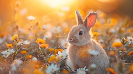 small rabbits is sitting in grass and flowers, in the style of sunrays shine upon it, cute and colorful