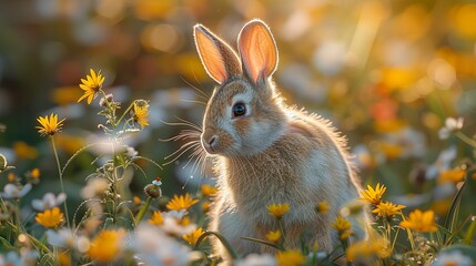 Fototapeta premium small rabbits is sitting in grass and flowers, in the style of sunrays shine upon it, cute and colorful