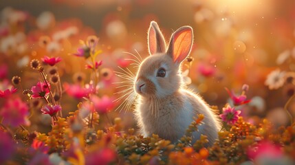 Fototapeta na wymiar small rabbits is sitting in grass and flowers, in the style of sunrays shine upon it, cute and colorful