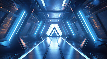 Abstract Triangle Spaceship corridor. Futuristic tunnel with light