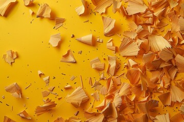 Vibrant yellow background with dynamic wooden pencil shavings scattered across, symbolizing creativity and artistic chaos.

