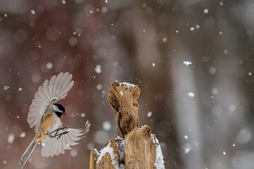 Chickadee flying in the snow